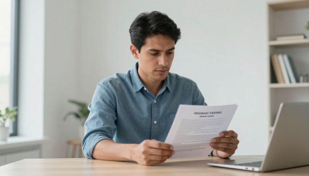 Man reading an insurance policy in a bright room.