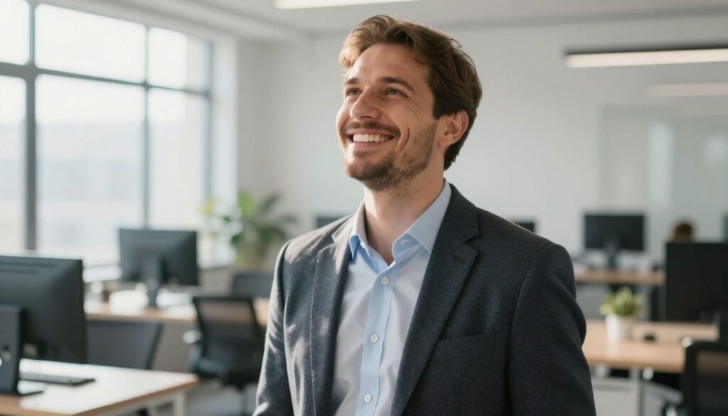 Smiling European entrepreneur in a bright office celebrates a positive court ruling.