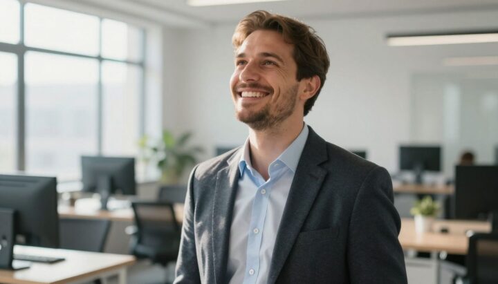 Smiling European entrepreneur in a bright office celebrates a positive court ruling.