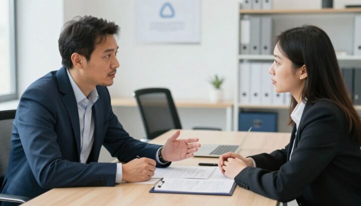 Insurance advisor and client discussing policy options in a bright office.