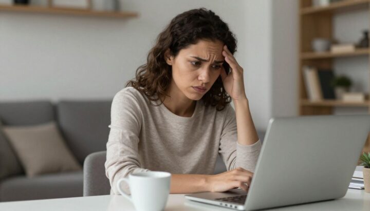 Woman looking worried at laptop about insurance costs.