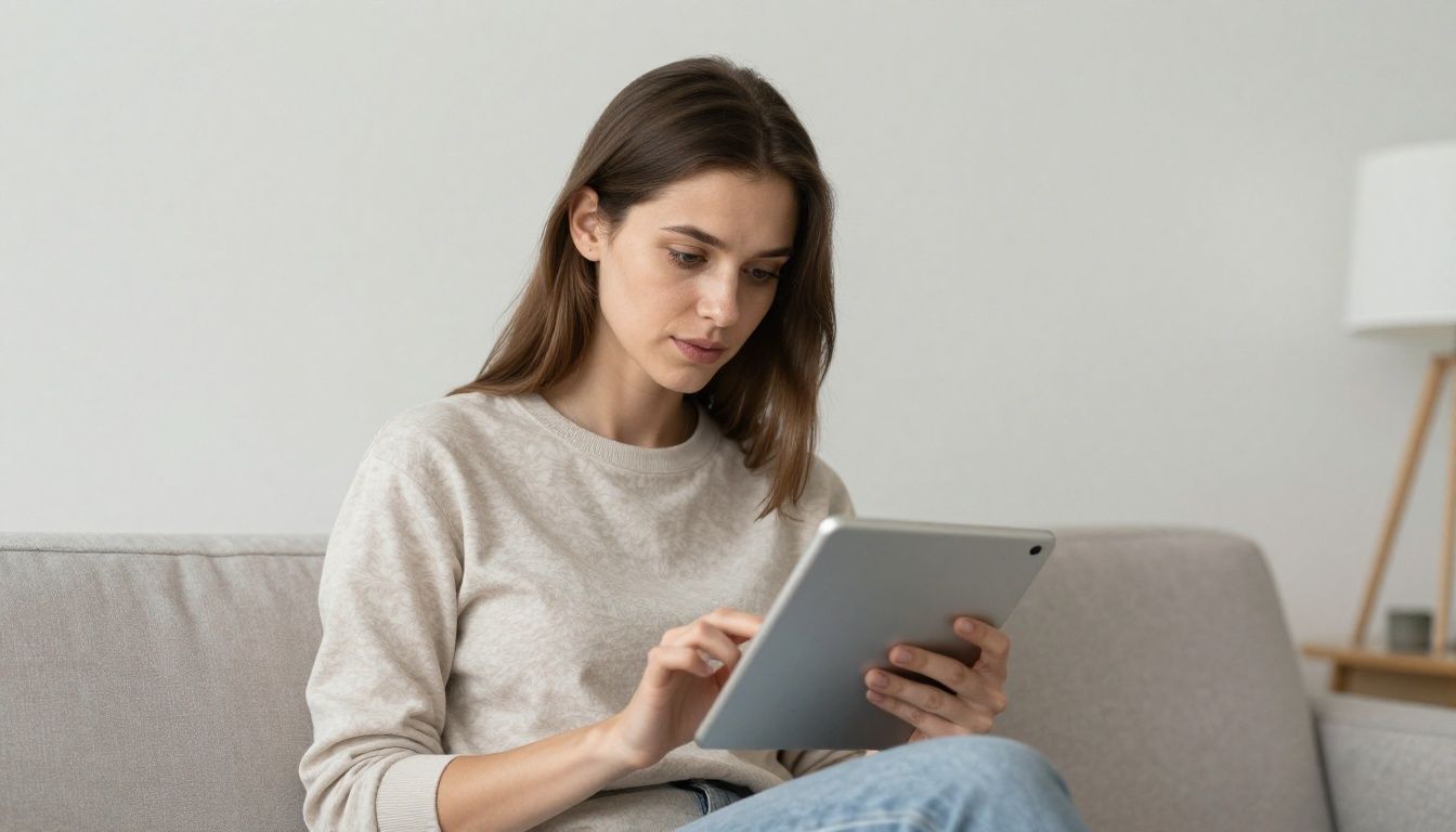 Woman reviewing insurance information on a tablet.