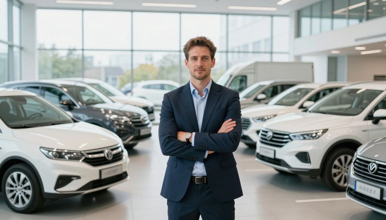 European businessman with a fleet of vehicles in the background.