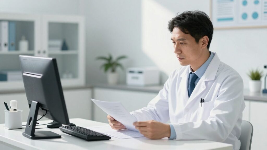 Doctor reviewing documents in a bright medical practice.