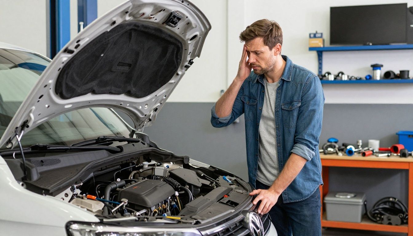 Man in workshop with damaged VW T6 van.