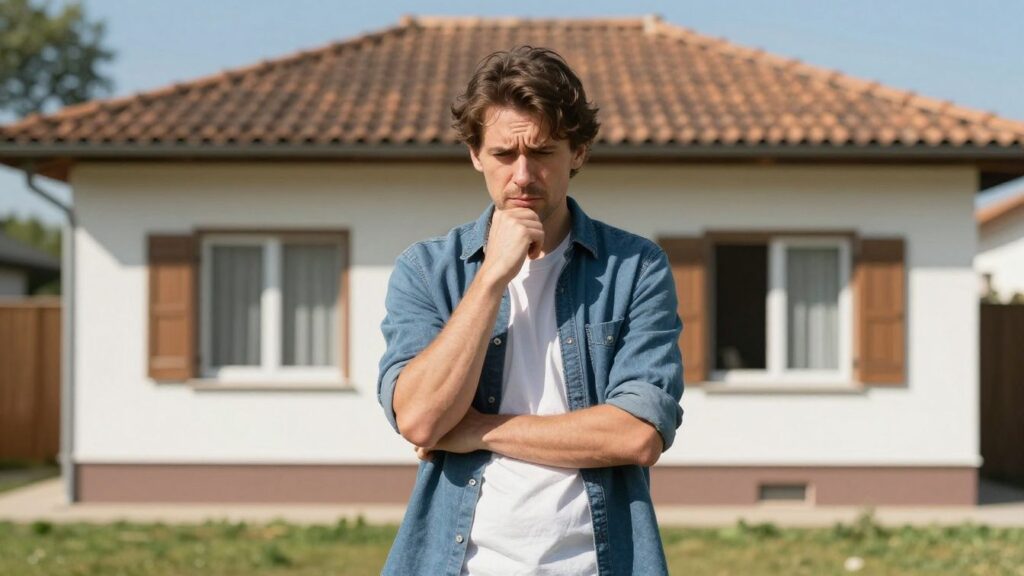 Worried homeowner in front of a house, bright surroundings.