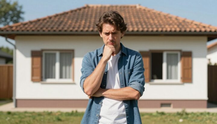 Worried homeowner in front of a house, bright surroundings.
