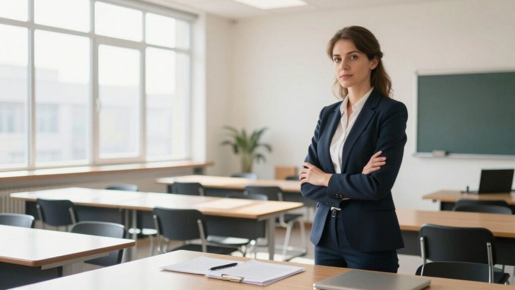 European teacher in a bright classroom