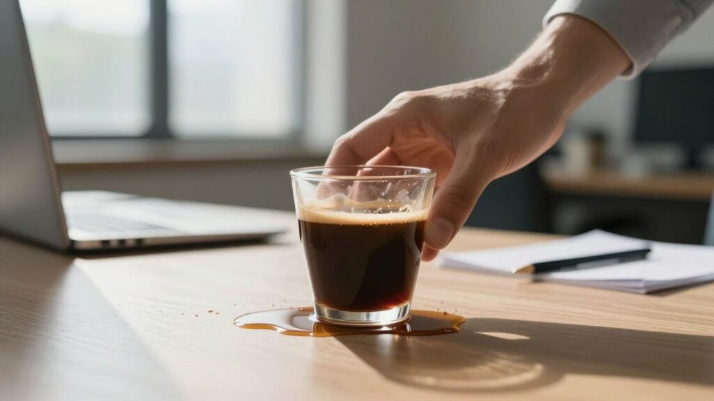 Kaffee auf Bürotisch verschüttet, Hand greift danach.