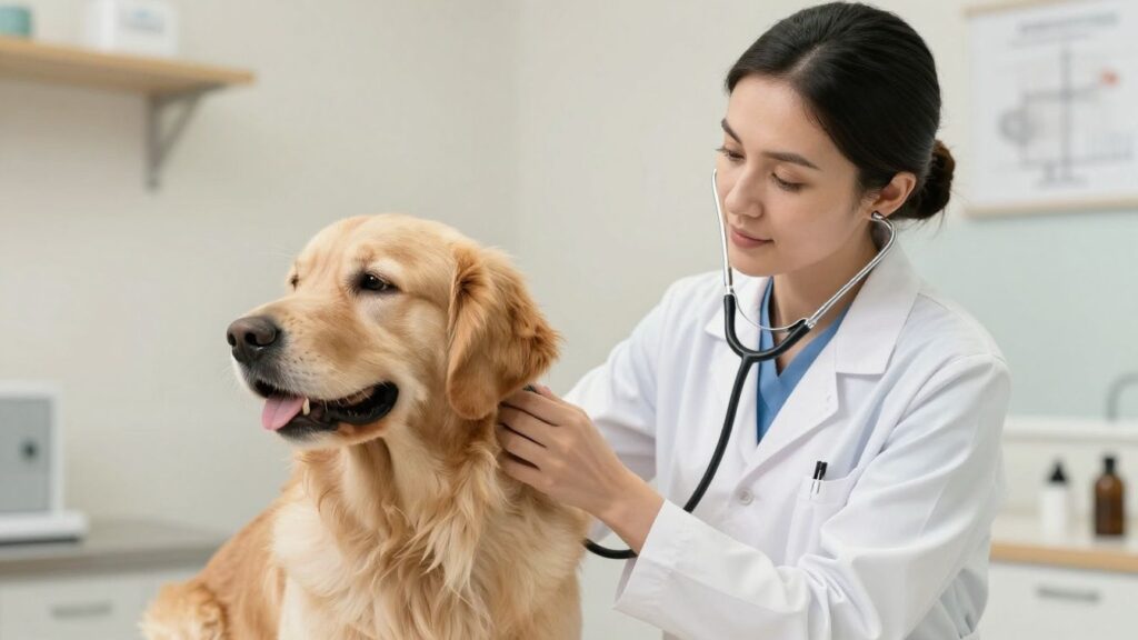 Veterinarian examining a golden retriever dog's ear.