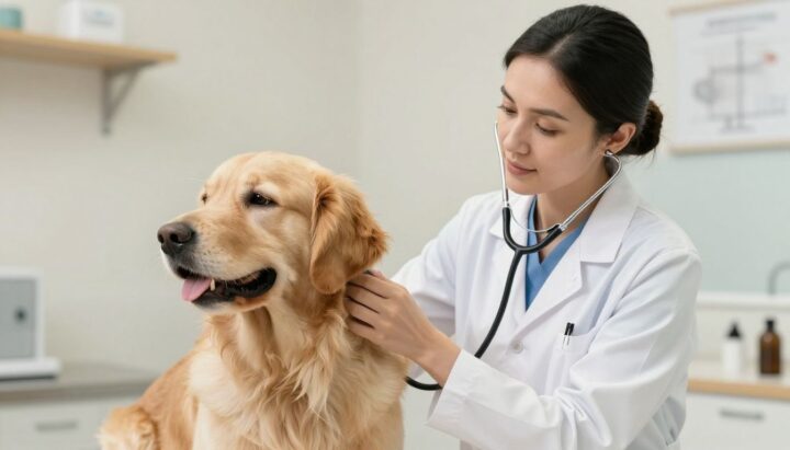 Veterinarian examining a golden retriever dog's ear.