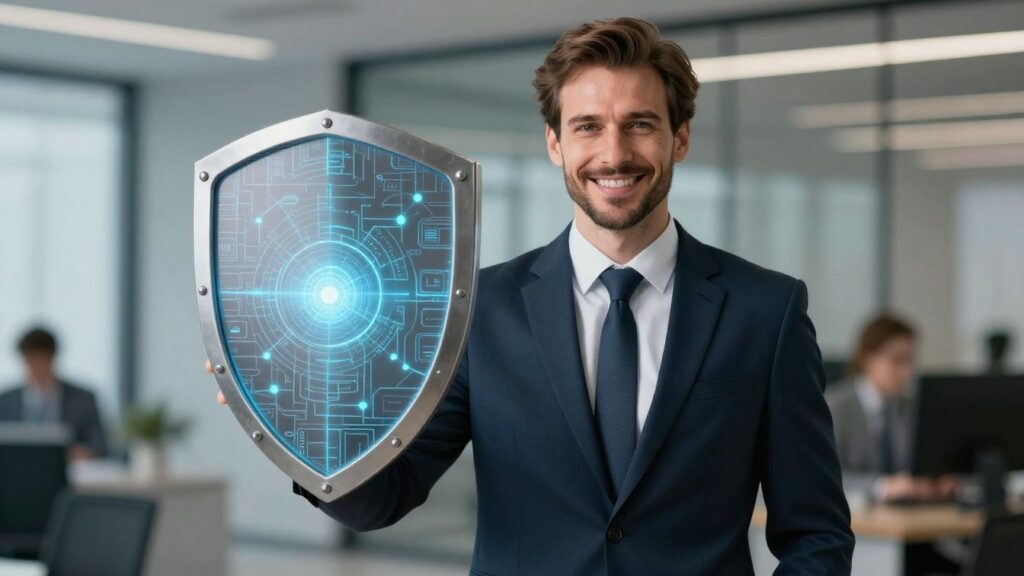 Businessman with cyber insurance shield