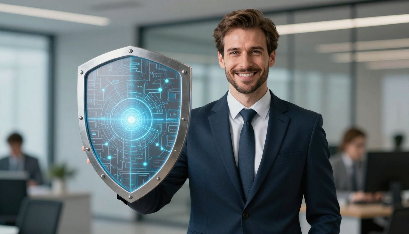 Businessman with cyber insurance shield