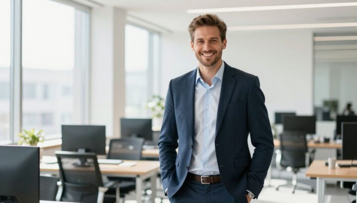 European businessman smiling in a bright, modern office.