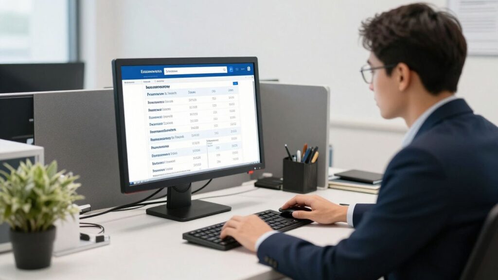 Insurance broker analyzing business liability insurance tariffs on a computer.