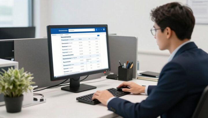 Insurance broker analyzing business liability insurance tariffs on a computer.