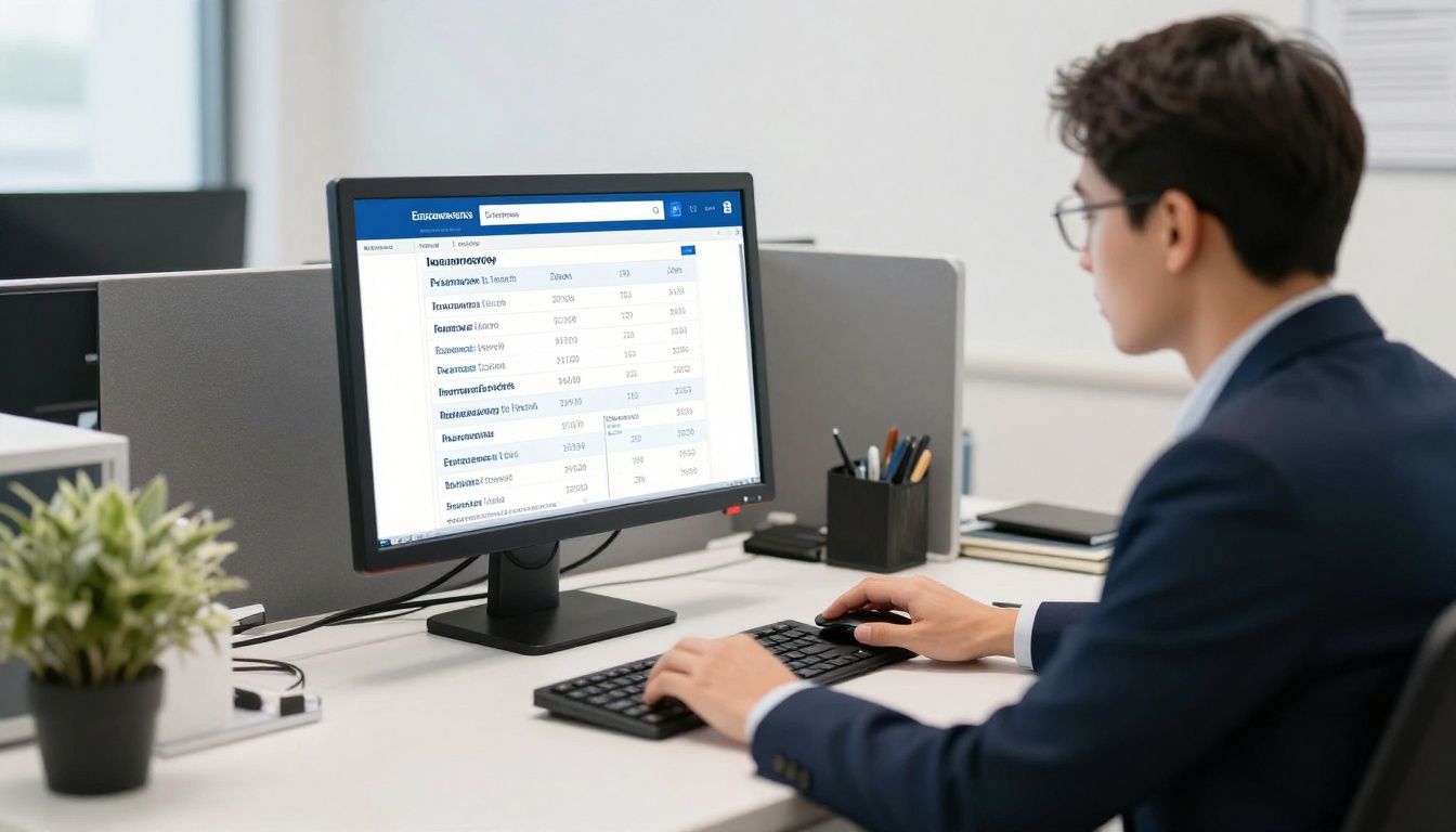 Insurance broker analyzing business liability insurance tariffs on a computer.