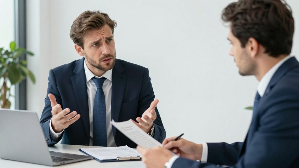 Businessman discusses insurance with a broker.