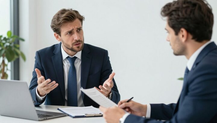 Businessman discusses insurance with a broker.