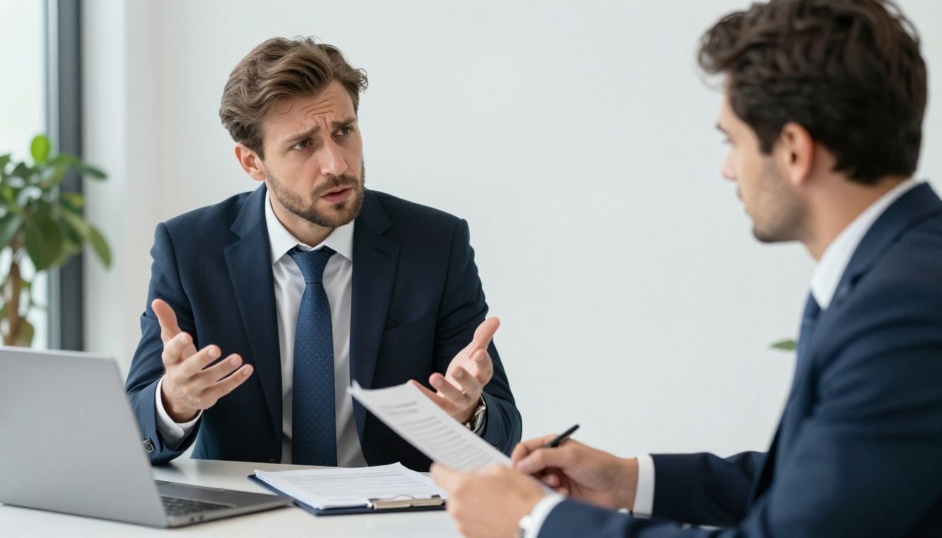 Businessman discusses insurance with a broker.