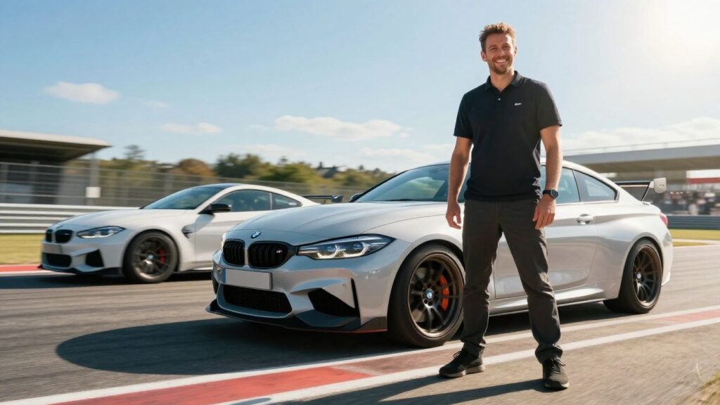 Driver smiles with BMW M car on a race track.