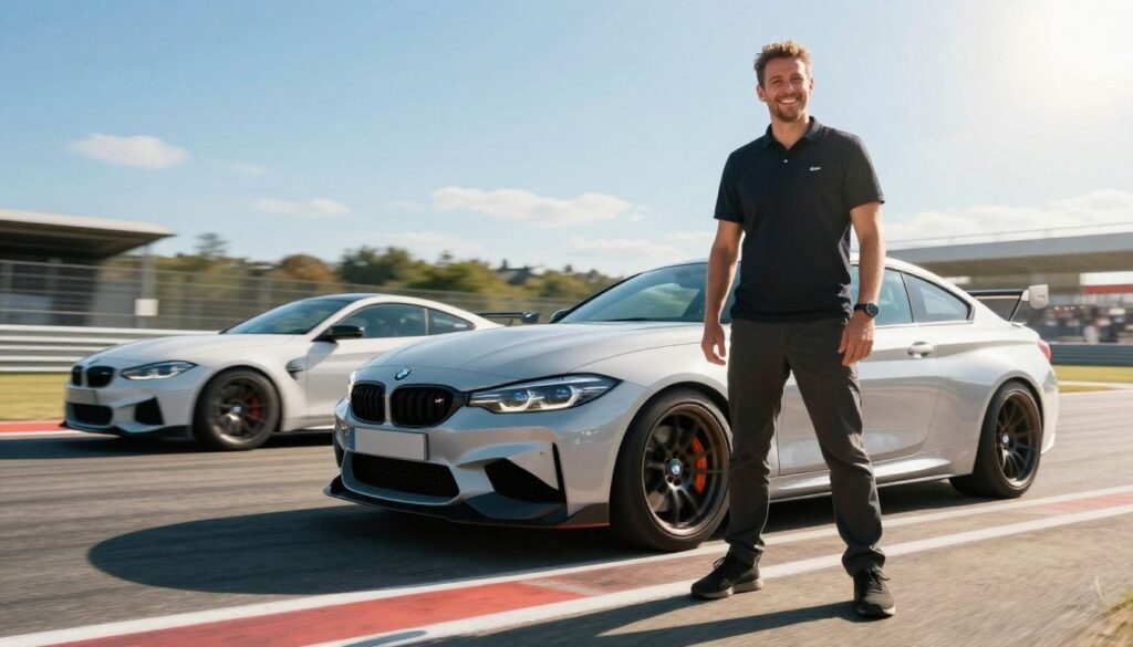 Driver smiles with BMW M car on a race track.