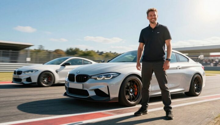 Driver smiles with BMW M car on a race track.