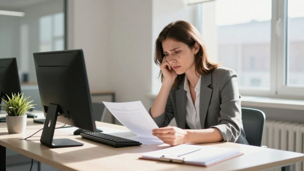 Employee reading document in a bright office.
