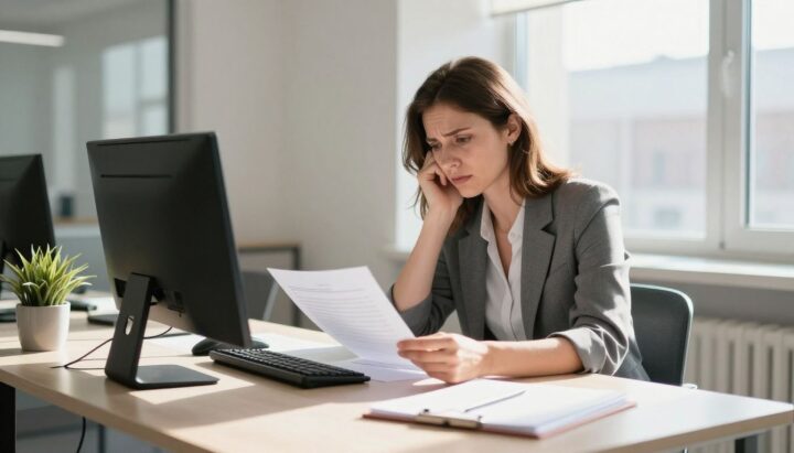 Employee reading document in a bright office.