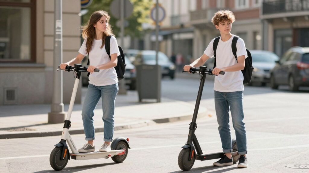 Teenagers with an electric scooter in a bright outdoor setting.
