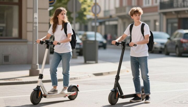Teenagers with an electric scooter in a bright outdoor setting.