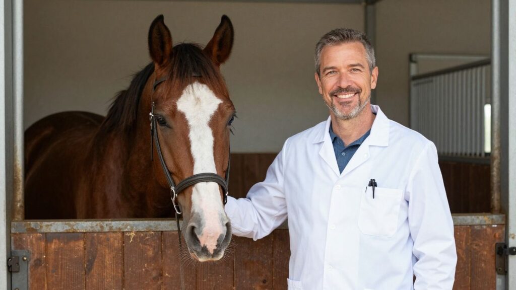 Veterinarian smiling with a horse in a stable.