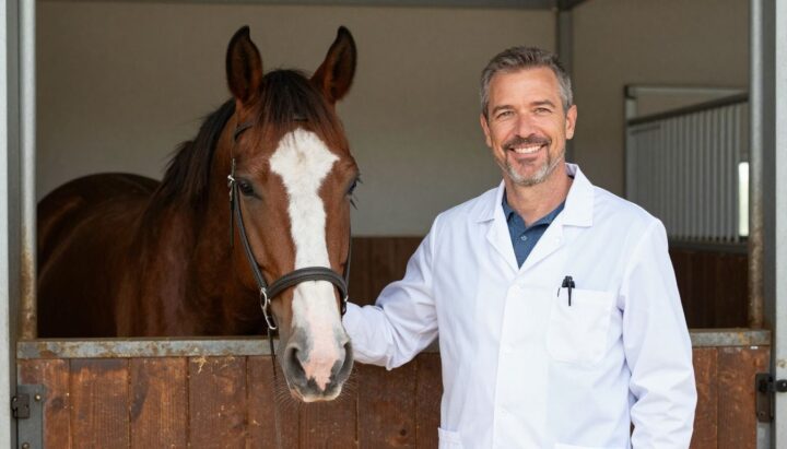 Veterinarian smiling with a horse in a stable.