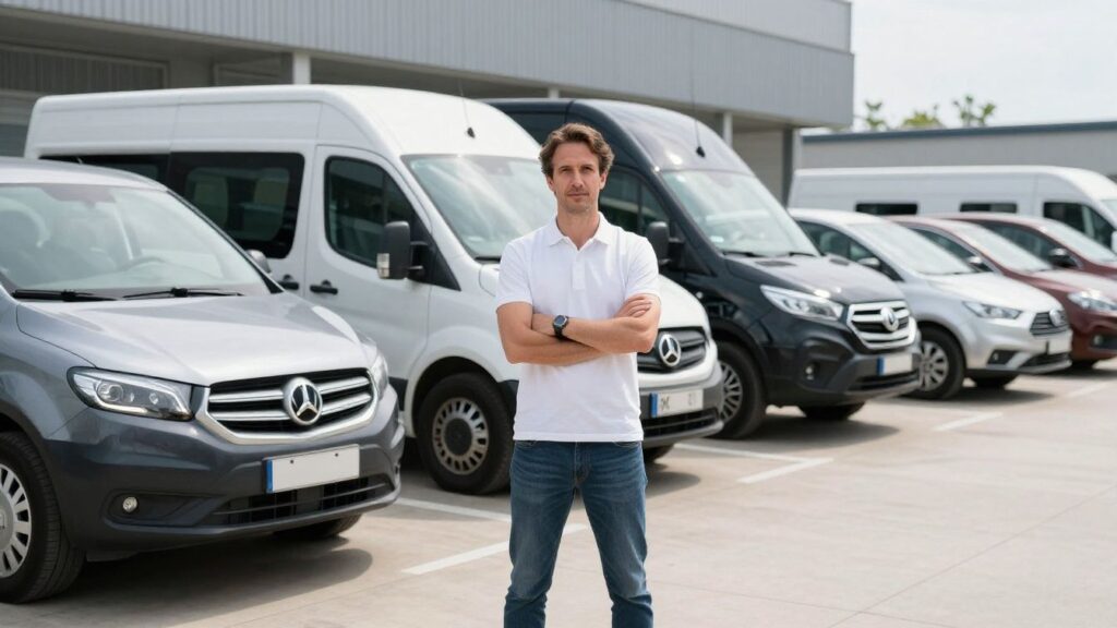 Businessman with his fleet of vehicles.