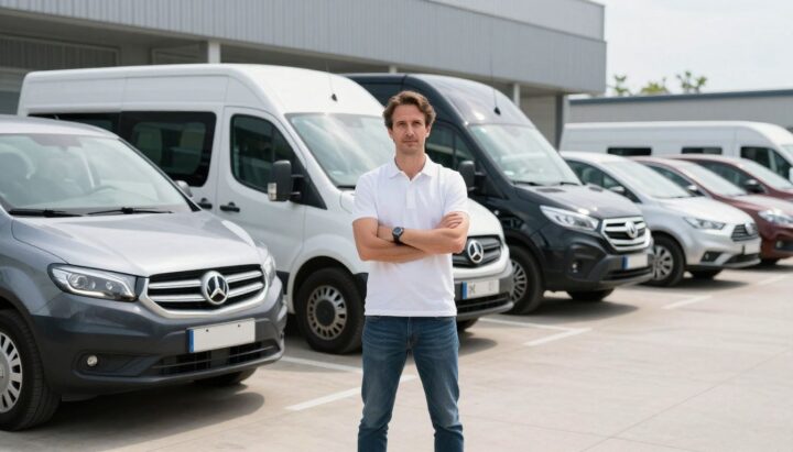 Businessman with his fleet of vehicles.