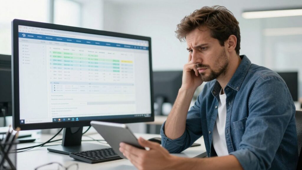 Worried European businessman looking at a tablet.