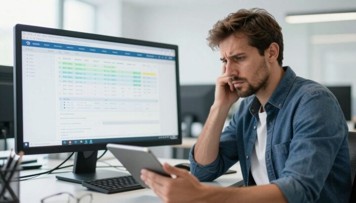 Worried European businessman looking at a tablet.