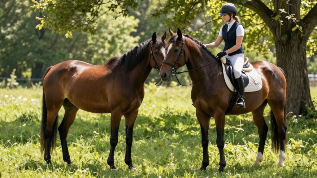 Rider and horse in a peaceful meadow.
