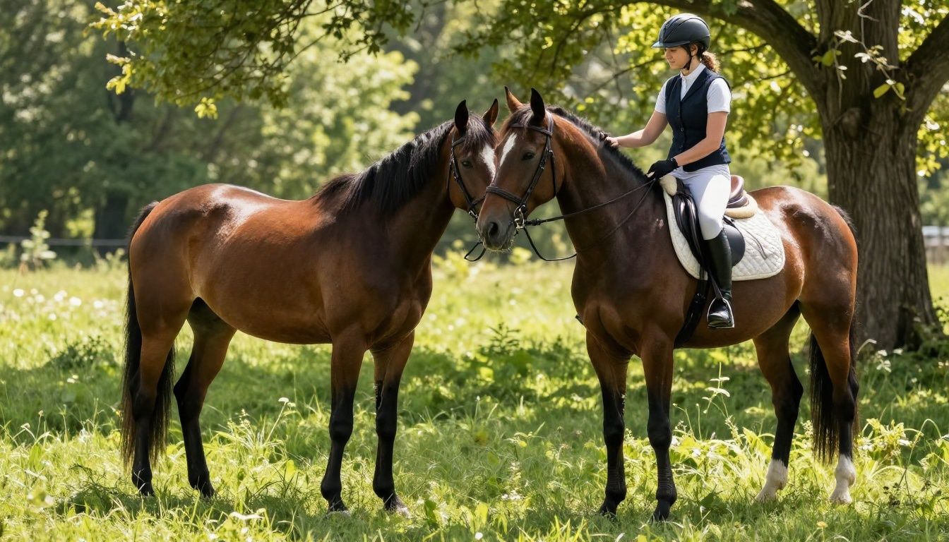 Rider and horse in a peaceful meadow.