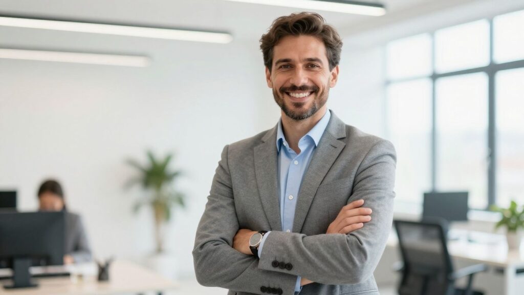 European businessman smiling in a bright, modern office.