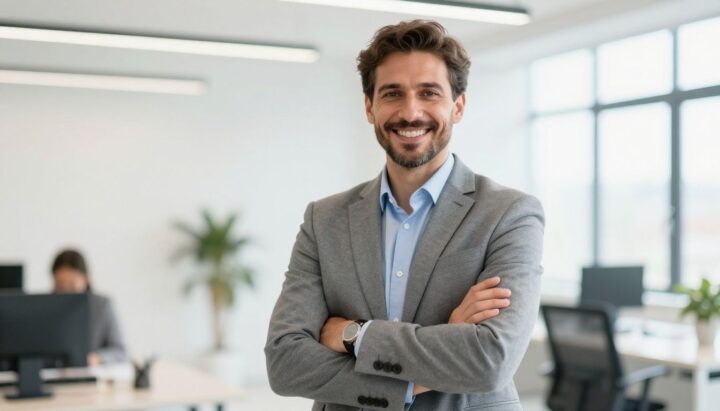 European businessman smiling in a bright, modern office.