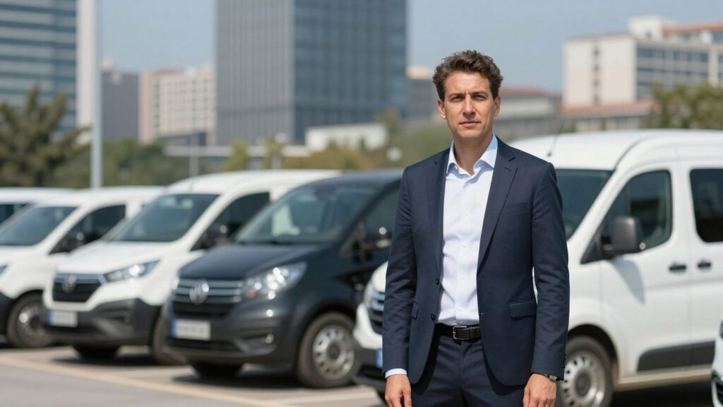 Man in front of a fleet of vehicles.
