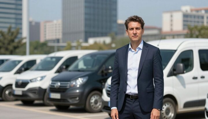 Man in front of a fleet of vehicles.