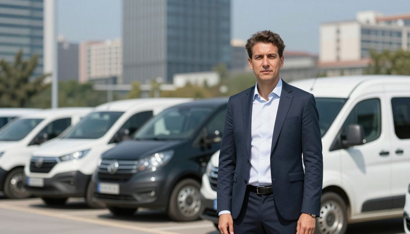 Man in front of a fleet of vehicles.