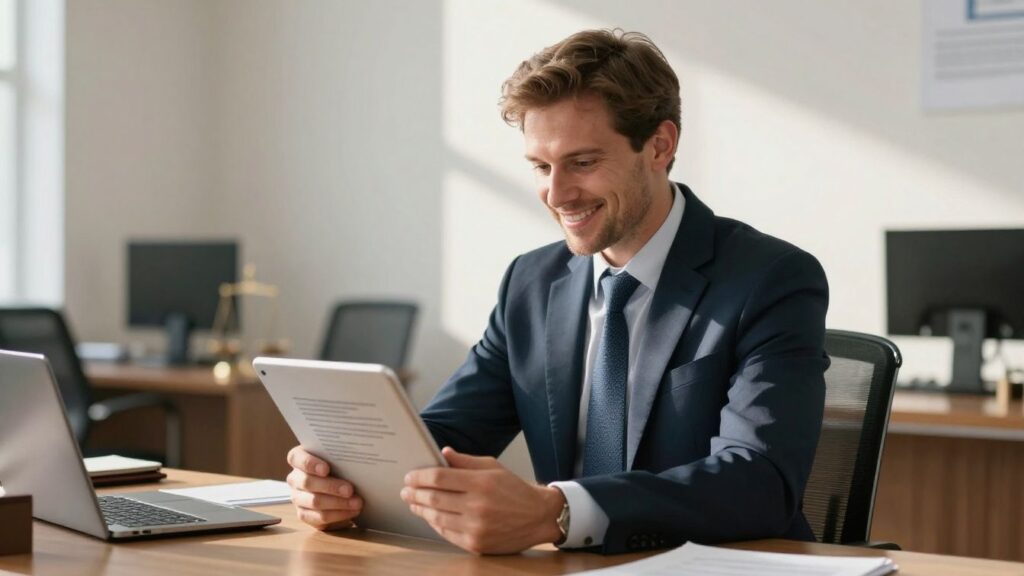 Lawyer with tablet in bright office, Wirecard lawsuit context.