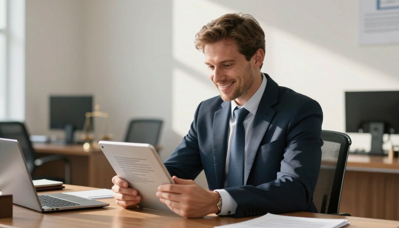 Lawyer with tablet in bright office, Wirecard lawsuit context.