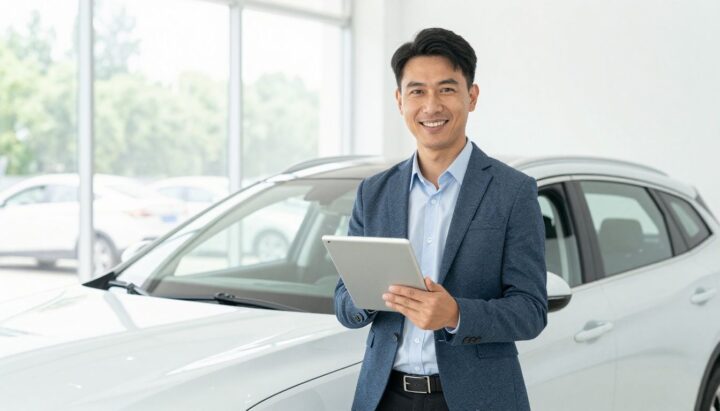 Customer with tablet happy about car purchase.