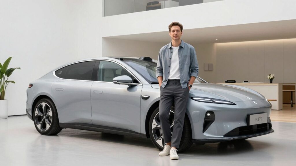 Man with electric car and modern home.