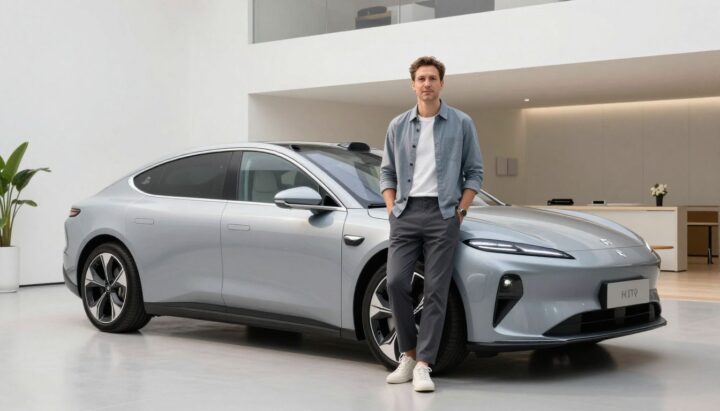 Man with electric car and modern home.