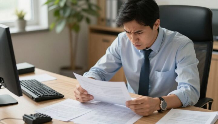 Office worker worried about rising health insurance costs.